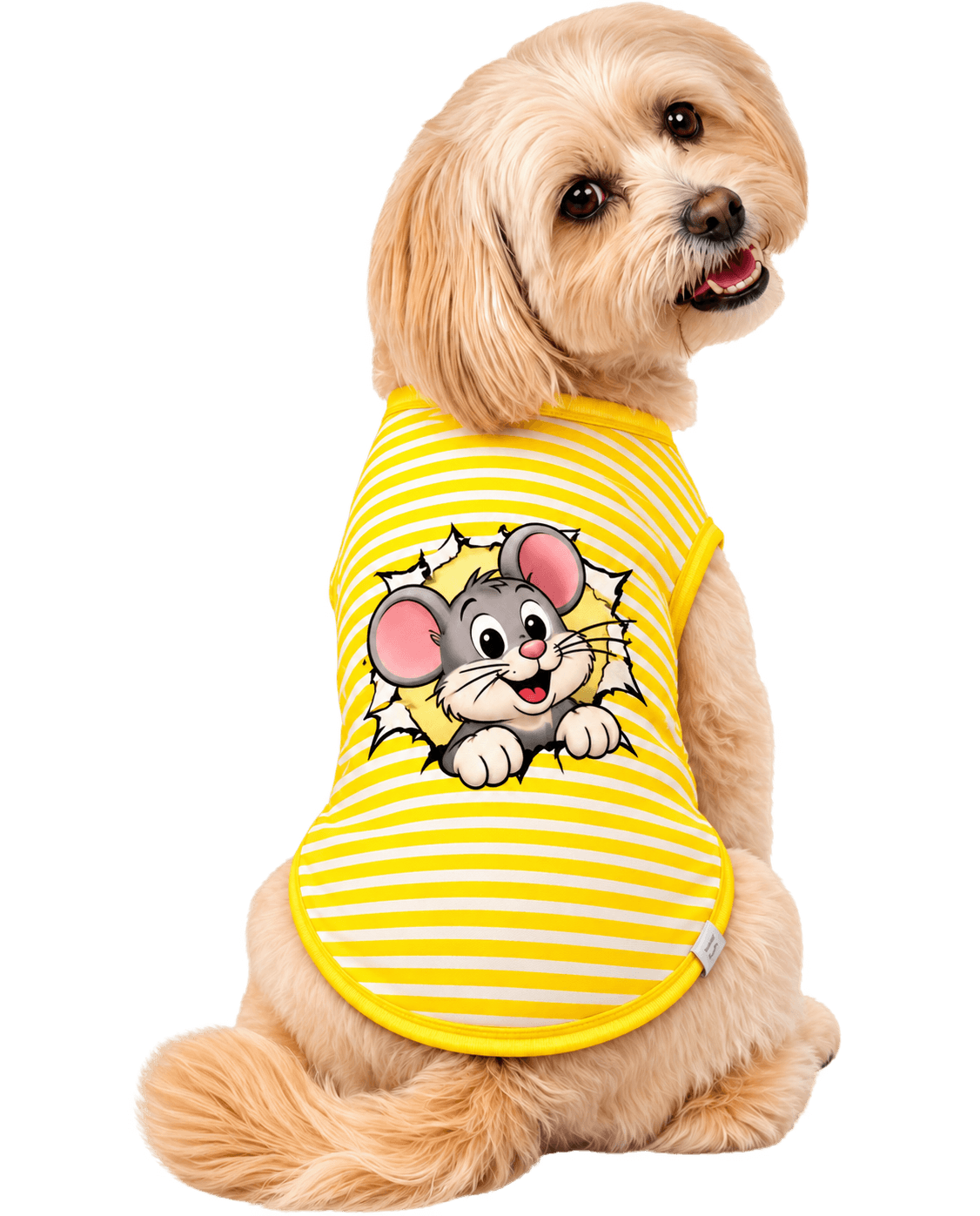 Perrito con camiseta amarilla y ratón caricaturesco