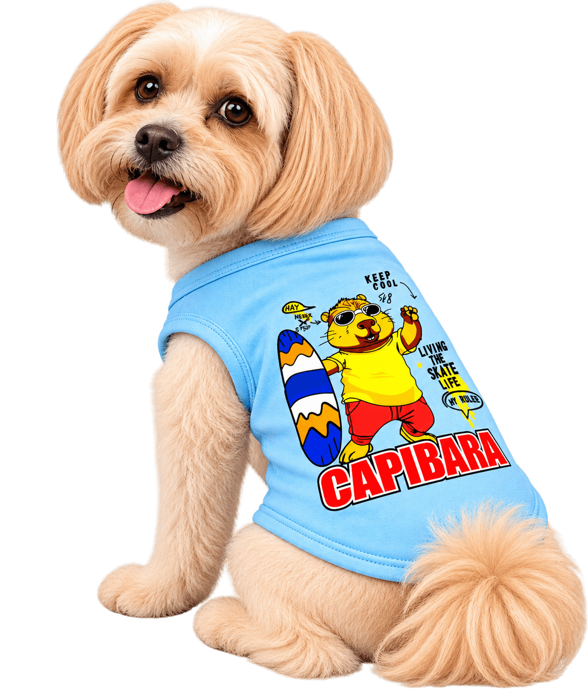 Perrito feliz con camiseta CAPIBARA